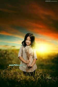 Photoshop美化给外景儿童照片添加唯美的夕阳美景教程
